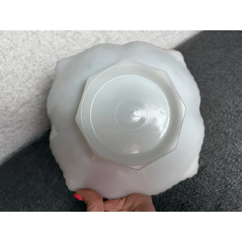 Anchor Hocking White Milk Glass Dish Bowl Embossed Grapes w/Gold Trim - See Chip